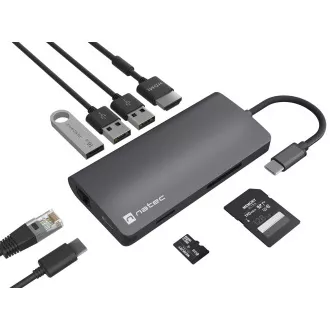 Natec večportni adapter FOWLER 2 3X USB 3.0 HUB, HDMI 4K, USB-C, RJ45, SD, MICRO SD