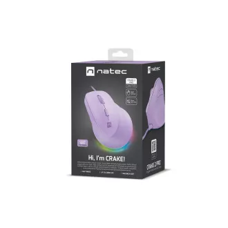 Natec CRAKE 2 PRO Vertikalna miška/Vertikalna/Optična/Desna/12 400 DPI/Brezžični USB-A/Vijolična