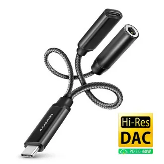 AXAGON ADA-HCPD, USB-C na 3,5-milimetrski priključek - avdio adapter DAC visoke ločljivosti, 384 kHz/32 bitov, stereo, PD 60W 3A