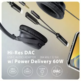 AXAGON ADA-HCPD, USB-C na 3,5-milimetrski priključek - avdio adapter DAC visoke ločljivosti, 384 kHz/32 bitov, stereo, PD 60W 3A