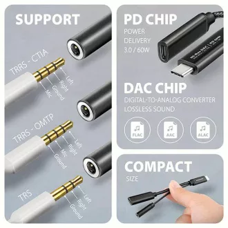 AXAGON ADA-HCPD, USB-C na 3,5-milimetrski priključek - avdio adapter DAC visoke ločljivosti, 384 kHz/32 bitov, stereo, PD 60W 3A