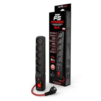 Acar F5 1,5 m kabel, 5 vtičnic, prenapetostna zaščita, maks. tok 16 A, črna