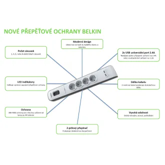BELKIN SurgeStrip nadtokovna zaščita, 4 vtičnice, 525J, 2M BELKIN SurgeStrip nadtokovna zaščita, 4 vtičnice, 525J, 2M