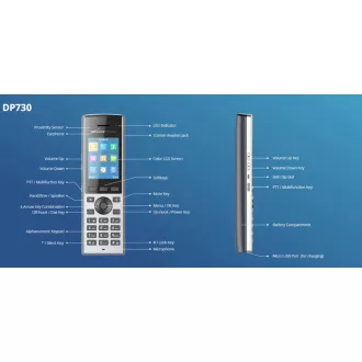 Grandstream DP730 IP telefon, 2,4-palčni zaslon, 2 računa SIP, video, BT, Micro USB, HAC, Push-to-talk