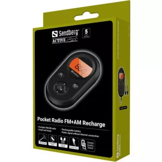 Sandberg Pocket FM AM Radio Recharge, akumulatorska baterija, zaslon, črna