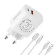 PAKET:ME potovalni polnilec USB-A   USB-C 20W   2x kabel 1m bele barve