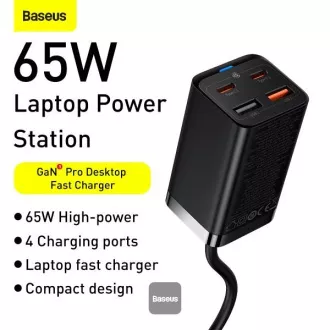 Baseus GaN3 Pro hitri polnilec, 2x USB-C, 2x USB 65W črn