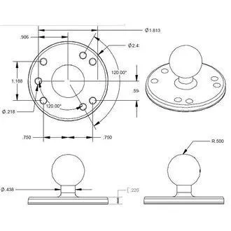 Adapter RAM Mounts, kovinski, vzorec lukenj AMPS, 1" zatič