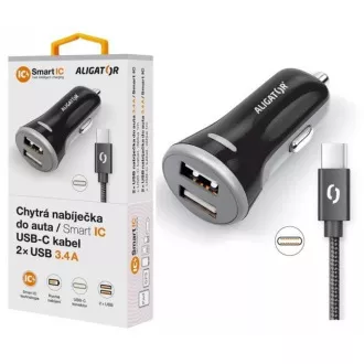 ALIGATOR Pametni avtomobilski polnilec 3,4 A, 2xUSB, pametni IC, črn, kabel USB-C