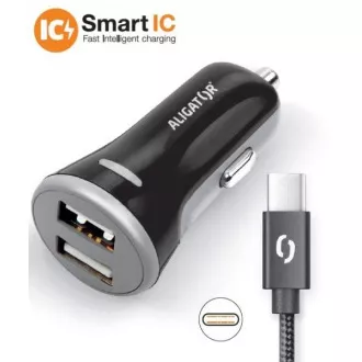 ALIGATOR Pametni avtomobilski polnilec 3,4 A, 2xUSB, pametni IC, črn, kabel USB-C