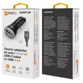 ALIGATOR Pametni avtomobilski polnilec 3,4 A, 2xUSB, pametni IC, črn, kabel USB-C