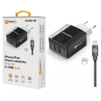 ALIGATOR 3,4A pametni omrežni polnilnik, 2xUSB, pametni IC, črn, kabel za iPhone/iPad 2A