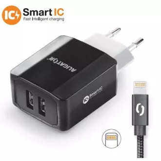 ALIGATOR 3,4A pametni omrežni polnilnik, 2xUSB, pametni IC, črn, kabel za iPhone/iPad 2A