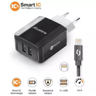 ALIGATOR 3,4A pametni omrežni polnilnik, 2xUSB, pametni IC, črn, kabel za iPhone/iPad 2A