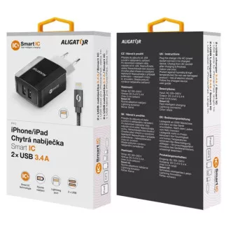 ALIGATOR 3,4A pametni omrežni polnilnik, 2xUSB, pametni IC, črn, kabel za iPhone/iPad 2A