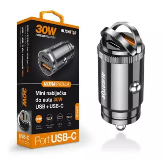Aligatorjev mini avtomobilski polnilec Power Delivery 30 W, USB-C   USB-A