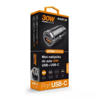 Aligatorjev mini avtomobilski polnilec Power Delivery 30 W, USB-C   USB-A