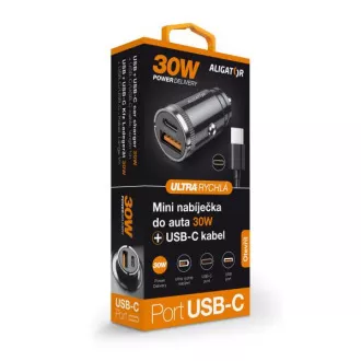 Aligatorjev mini avtomobilski polnilec Power Delivery 30 W, USB-C   USB-A, kabel USB-C/USB-C