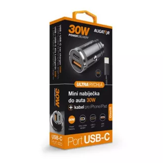Aligatorjev mini avtomobilski polnilec Power Delivery 30W, USB-C   USB-A, kabel USB-C za iPhone/iPad