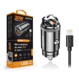 Aligatorjev mini avtomobilski polnilec Power Delivery 30W, USB-C USB-A, kabel USB-C za iPhone/iPad Aligatorjev mini avtomobilski polnilec Power Delivery 30W, USB-C USB-A, kabel USB-C za iPhone/iPad