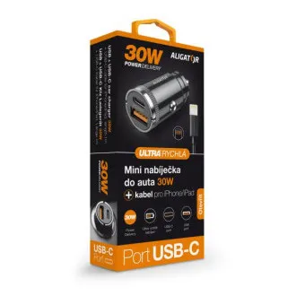 Aligatorjev mini avtomobilski polnilec Power Delivery 30W, USB-C USB-A, kabel USB-C za iPhone/iPad Aligatorjev mini avtomobilski polnilec Power Delivery 30W, USB-C USB-A, kabel USB-C za iPhone/iPad