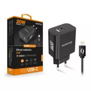 ALIGATOR Power Delivery 20W pametni omrežni polnilnik, kabel USB-C za iPhone/iPad, črn