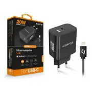 ALIGATOR Power Delivery 20W pametni omrežni polnilnik, kabel USB-C za iPhone/iPad, črn