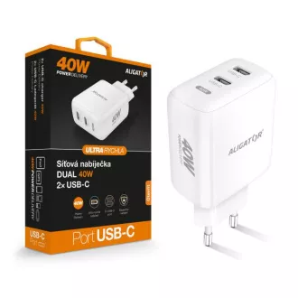 Pametni omrežni polnilec ALIGATOR Power Delivery 40W, 2xUSB-C, bel