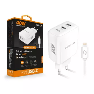 ALIGATOR Power Delivery 40W, 2xUSB-C, kabel USB-C za iPhone/iPad, bel