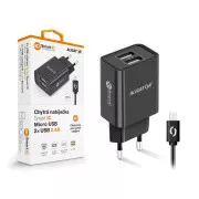 ALIGATOR 2,4A pametni omrežni polnilnik, 2xUSB, pametni IC, črn, kabel micro USB
