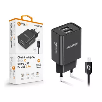 ALIGATOR 2,4A pametni omrežni polnilnik, 2xUSB, pametni IC, črn, kabel micro USB