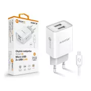ALIGATOR 2,4A pametni omrežni polnilnik, 2xUSB, pametni IC, bel, kabel micro USB
