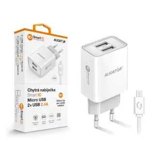 ALIGATOR 2,4A pametni omrežni polnilnik, 2xUSB, pametni IC, bel, kabel micro USB