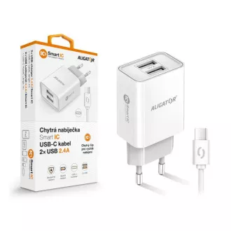 ALIGATOR 2.4A, 2xUSB, pametni IC, bela barva, kabel USB-C