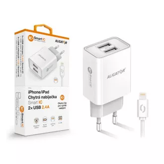 ALIGATOR 2,4A, 2xUSB, pametni IC, bel, kabel USB za iPhone/iPad