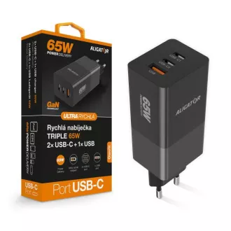Polnilec Aligator PD65W, 2USB-C, 1xUSB-A, črn