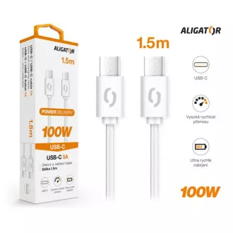Podatkovni kabel ALIGATOR POWER 100W, USB-C/USB-C 5A, 1,5 m, bela