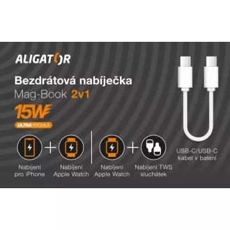 Brezžični polnilec ALIGATOR Mag-Book 2v1, za polnjenje MagSafe in ure Apple Watch, 15 W, bel