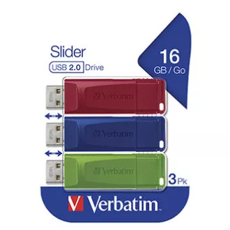 Verbatim USB ključek, USB 2.0, 16 GB, drsnik, zelen, moder, rdeč, 49326, USB A, z izvlečnim priključkom, 3 kosi