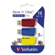 Verbatimov pomnilnik USB, USB 3.0, 16 GB, Store N Click, mešane barve, 49306, USB A, z izvlečnim priključkom, 3 kosi