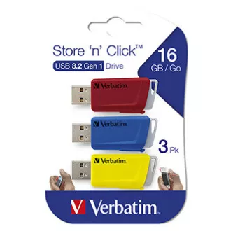 Verbatimov pomnilnik USB, USB 3.0, 16 GB, Store N Click, mešane barve, 49306, USB A, z izvlečnim priključkom, 3 kosi