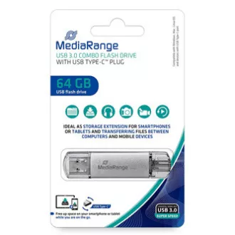 MediaRange Bliskovni disk USB, USB 3.0, 64 GB, srebrn, MR937, USB A / USB C, s pokrovom
