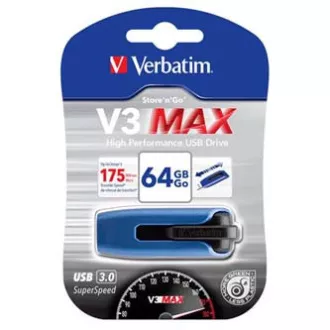 Verbatimov pomnilnik USB, USB 3.0, 64 GB, V3 MAX, Store N Go, moder, 49807, USB A, z izvlečnim priključkom