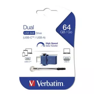 Verbatim USB flash disk OTG, USB 3.0, 64 GB, dvojni, modri, 49967, USB A / USB C, z zanko