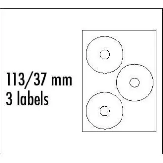 Etikete z logotipom za CD 113/37 mm, A4, mat, bele, 3 etikete, 140 g/m2, pakirano po 10 kosov, za brizgalne in laserske tiskalnike Etikete z logotipom za CD 113/37 mm, A4, mat, bele, 3 etikete, 140 g/m2, pakirano po 10 kosov, za brizgalne in laserske tiskalnike