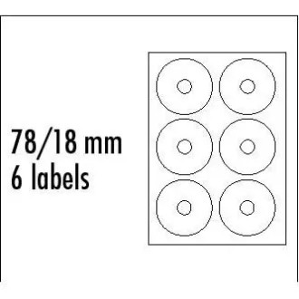 Etikete z logotipom za CD 78/18 mm, A4, mat, bele, 6 etiket, 140 g/m2, pakiranje po 10, za brizgalne in laserske tiskalnike Etikete z logotipom za CD 78/18 mm, A4, mat, bele, 6 etiket, 140 g/m2, pakiranje po 10, za brizgalne in laserske tiskalnike