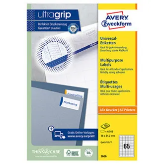 Avery Zweckform etikete 38 x 21,2 mm, A4, bele, 65 etiket, pakiranje po 100, 3666, za laserske in brizgalne tiskalnike, kopirne stroje Avery Zweckform etikete 38 x 21,2 mm, A4, bele, 65 etiket, pakiranje po 100, 3666, za laserske in brizgalne tiskalnike, kopirne stroje