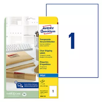 Avery Zweckform etikete 210mm x 297mm, A4, prozorne, transparentne, 1 etiketa, za pakete, pakirano 25 kosov, J8567-25, za atramen Avery Zweckform etikete 210mm x 297mm, A4, prozorne, transparentne, 1 etiketa, za pakete, pakirano 25 kosov, J8567-25, za atramen