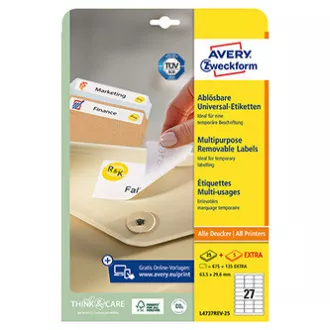 Avery Zweckform etikete 63,5 mm x 29,6 mm, A4, bele barve, 27 etiket, odstranljive, pakiranje po 25, L4737REV-25, za laserske in brizgalne tiskalnike