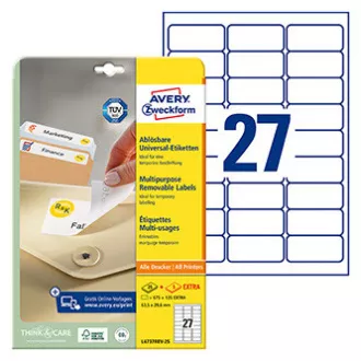 Avery Zweckform etikete 63,5 mm x 29,6 mm, A4, bele barve, 27 etiket, odstranljive, pakiranje po 25, L4737REV-25, za laserske in brizgalne tiskalnike